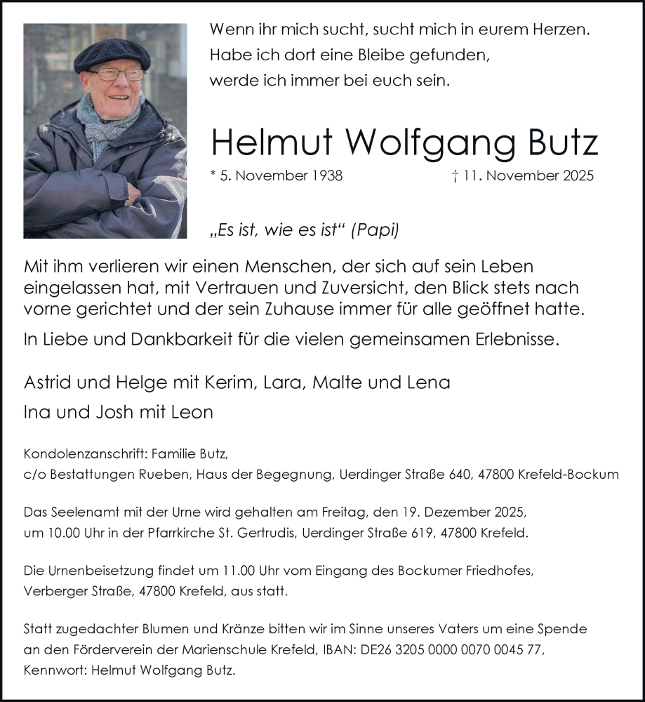  Traueranzeige für Helmut Wolfgang Butz vom 22.11.2025 aus Rheinische Post