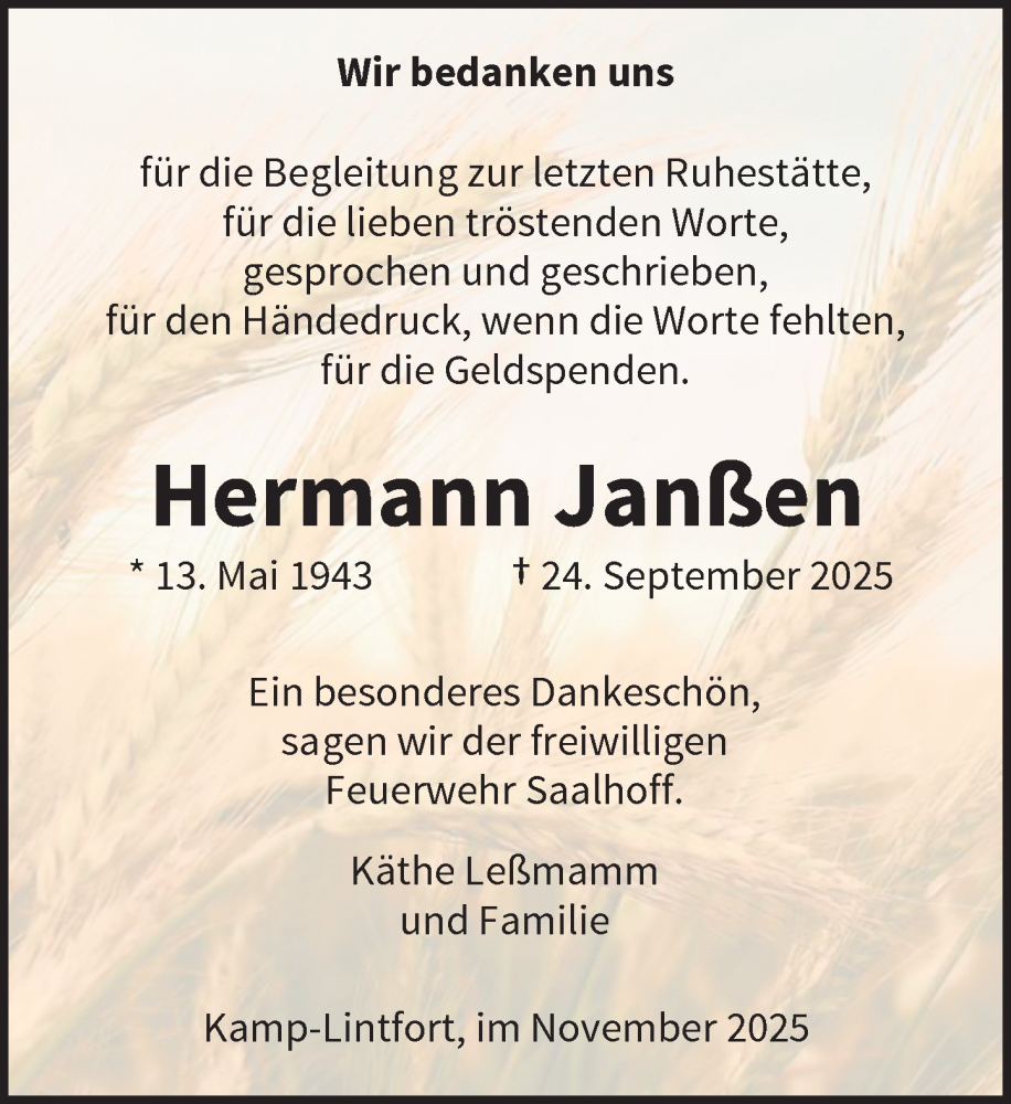  Traueranzeige für Hermann Janßen vom 19.11.2025 aus Rheinische Post