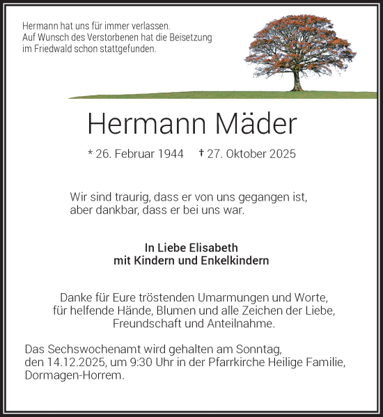 Traueranzeige von Hermann Mäder von Rheinische Post