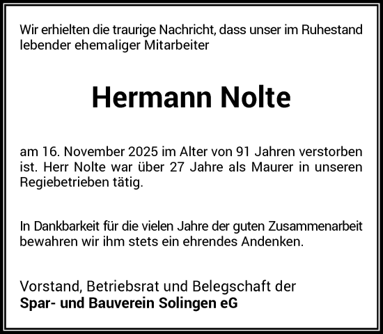 Traueranzeige von Hermann Nolte von Rheinische Post
