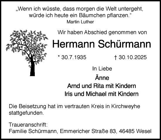 Traueranzeige von Hermann Schürmann von Rheinische Post
