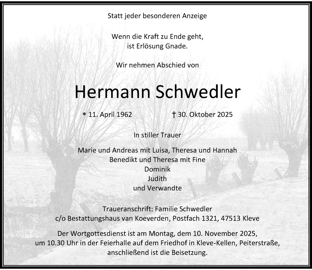  Traueranzeige für Hermann Schwedler vom 05.11.2025 aus Rheinische Post