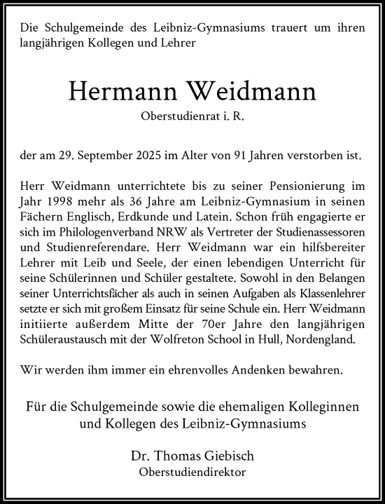 Traueranzeige von Hermann Weidmann von Rheinische Post