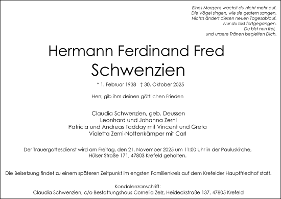 Traueranzeige von Hermann Ferdinand Fred Schwenzien von Rheinische Post