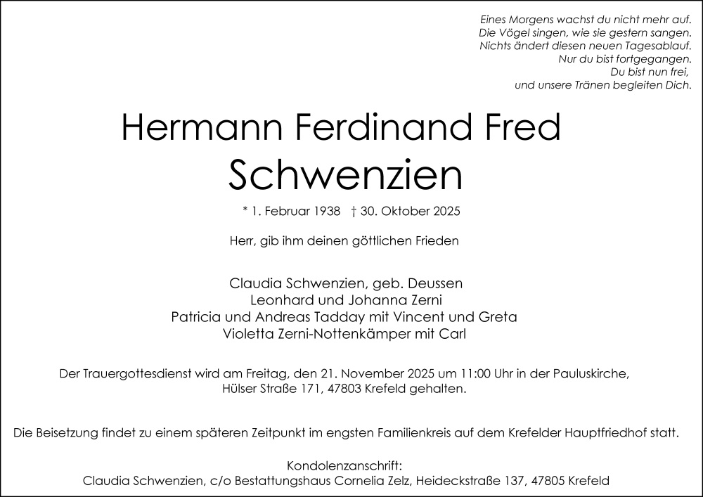  Traueranzeige für Hermann Ferdinand Fred Schwenzien vom 15.11.2025 aus Rheinische Post