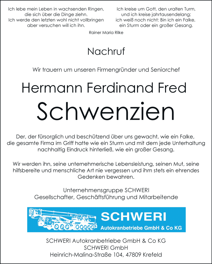  Traueranzeige für Hermann Ferdinand Fred Schwenzien vom 15.11.2025 aus Rheinische Post