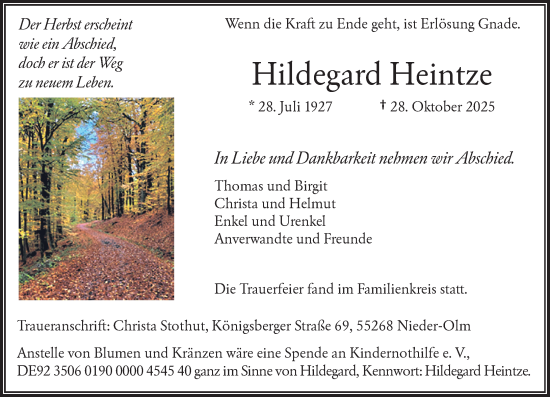Traueranzeige von Hildegard Heintze von Rheinische Post