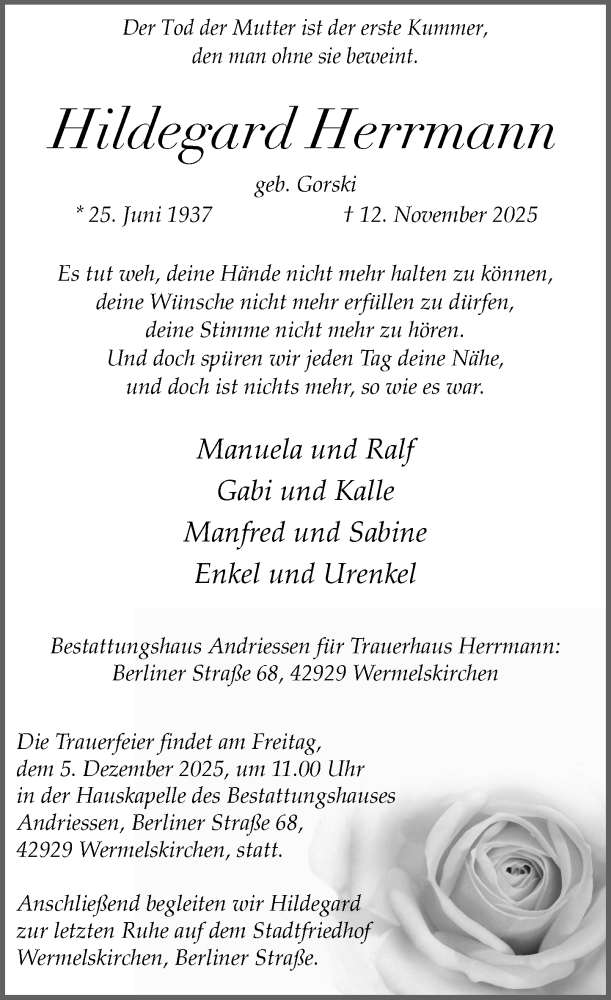  Traueranzeige für Hildegard Herrmann vom 29.11.2025 aus Rheinische Post