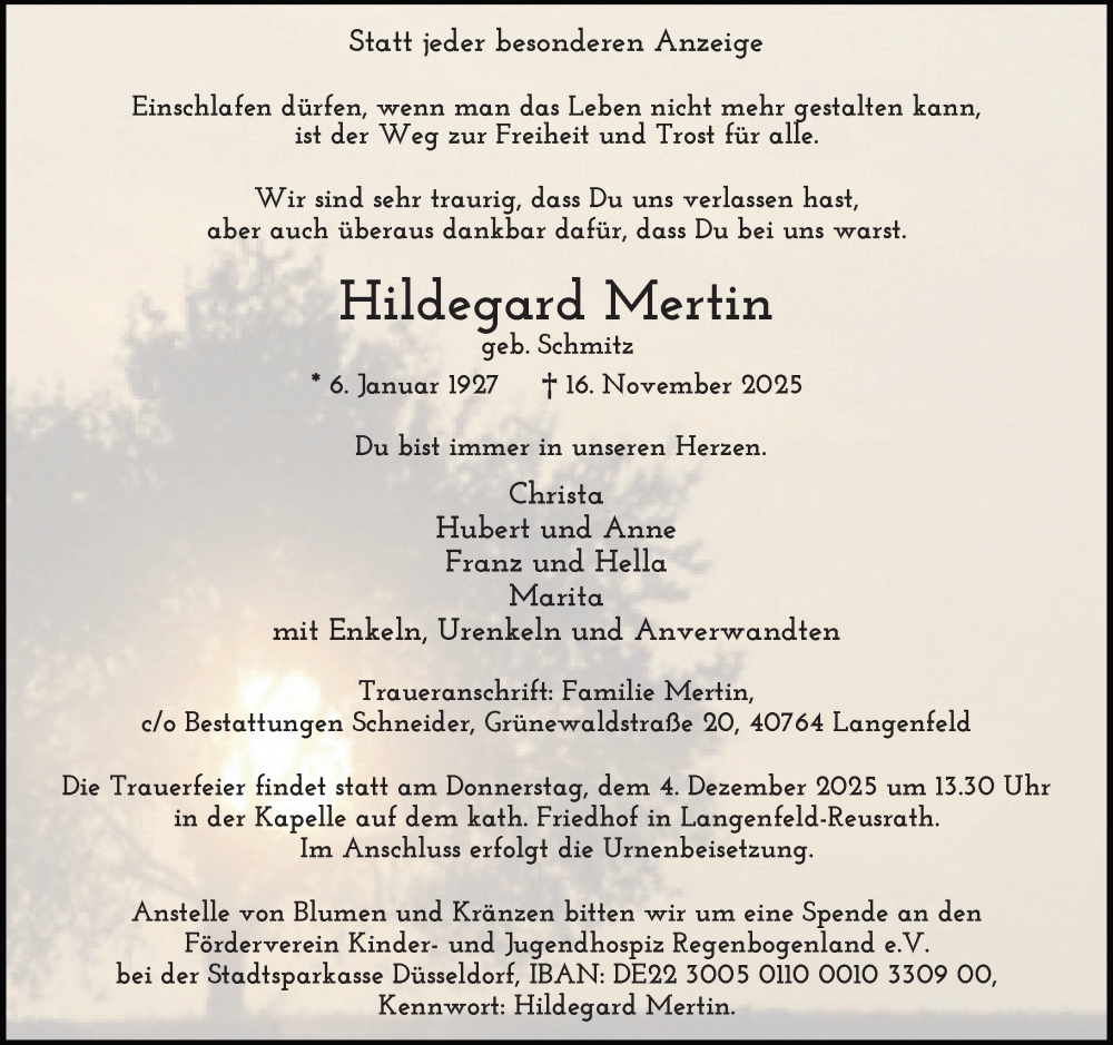  Traueranzeige für Hildegard Mertin vom 22.11.2025 aus Rheinische Post