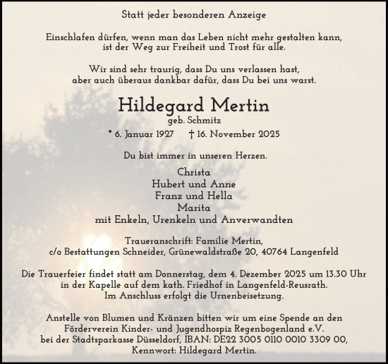 Traueranzeige von Hildegard Mertin von Rheinische Post