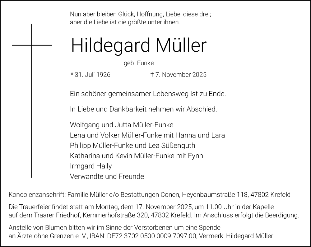  Traueranzeige für Hildegard Müller vom 15.11.2025 aus Rheinische Post
