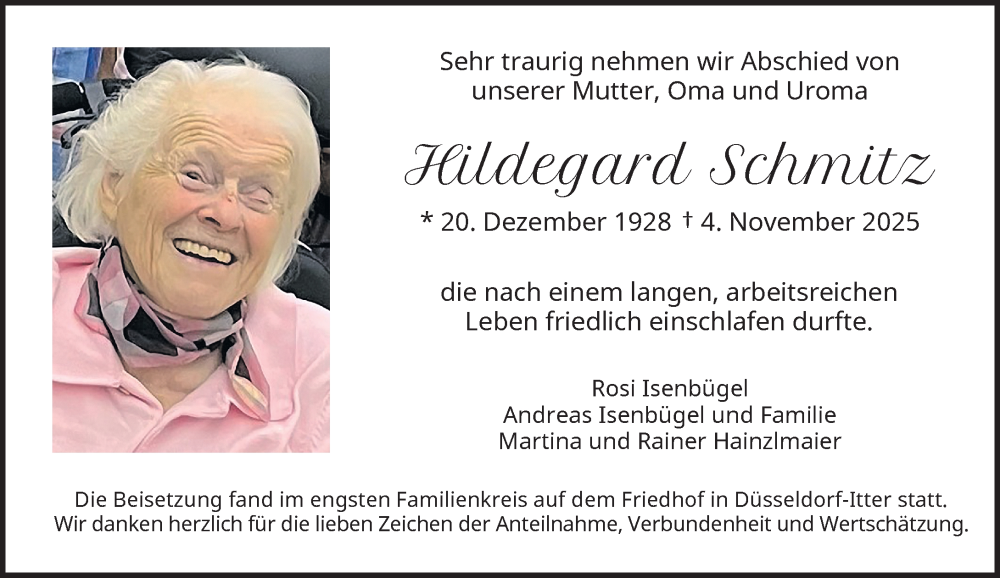  Traueranzeige für Hildegard Schmitz vom 15.11.2025 aus Rheinische Post