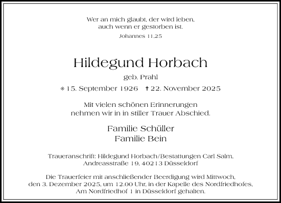 Traueranzeige von Hildegund Horbach von Rheinische Post