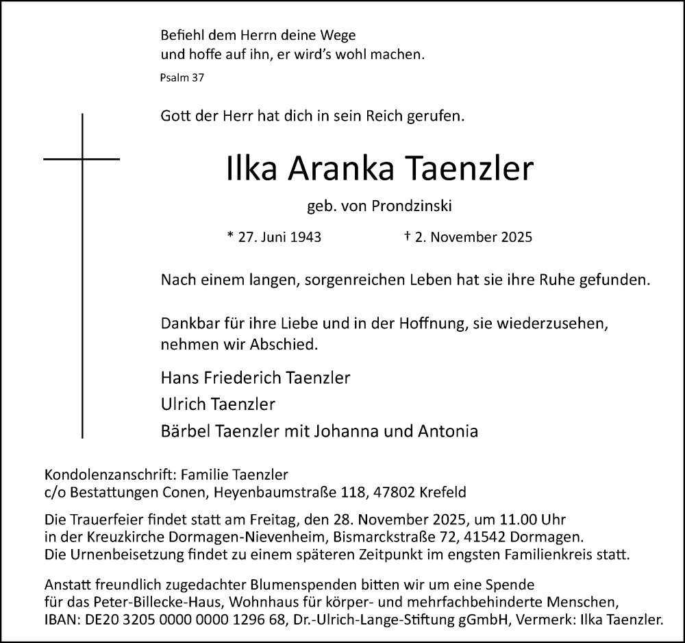  Traueranzeige für Ilka Aranka Taenzler vom 15.11.2025 aus Rheinische Post