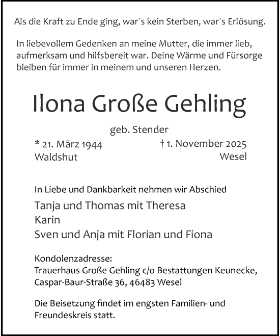 Traueranzeige von Ilona Große Gehling von Rheinische Post