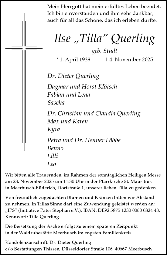 Traueranzeige von Ilse Querling von Rheinische Post