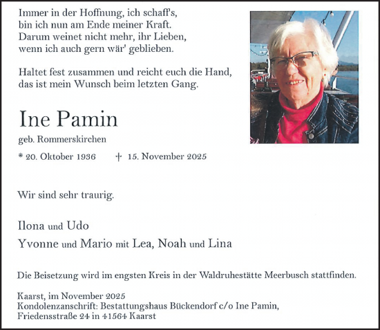 Traueranzeige von Ine Pamin von Rheinische Post