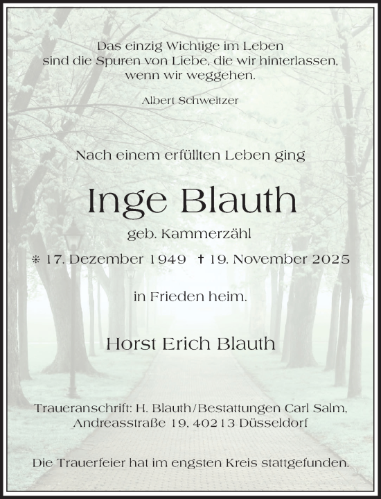 Traueranzeige von Inge Blauth von Rheinische Post