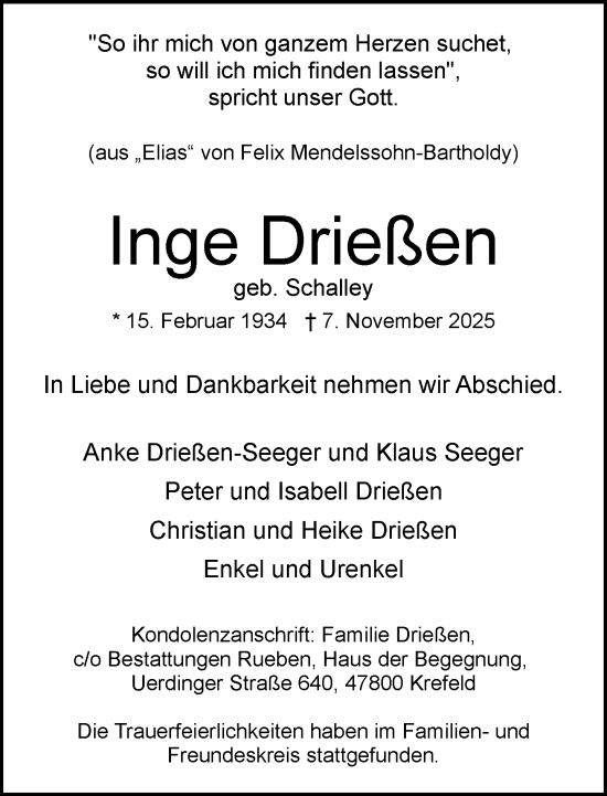 Traueranzeige von Inge Drießen von Rheinische Post