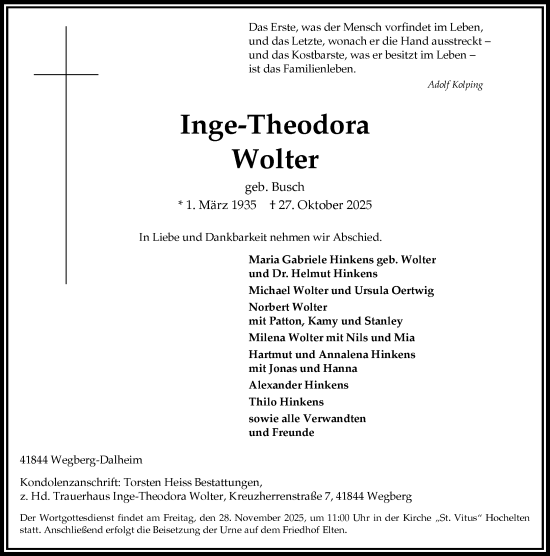 Traueranzeige von Inge-Theodora Wolter von Rheinische Post