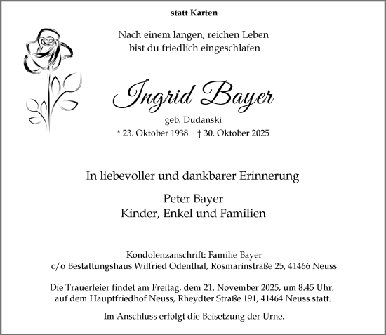 Traueranzeige von Ingrid Bayer von Rheinische Post