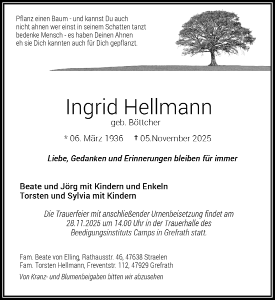 Traueranzeige von Ingrid Hellmann von Rheinische Post