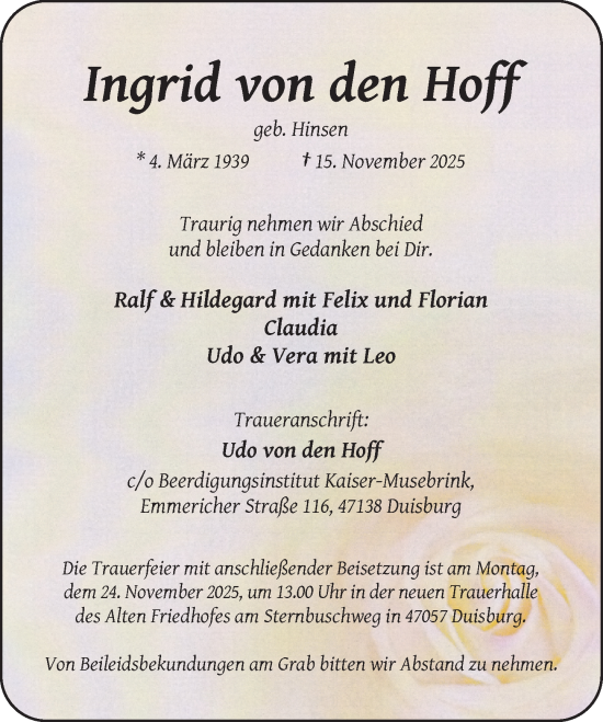 Traueranzeige von Ingrid von den Hoff von Rheinische Post
