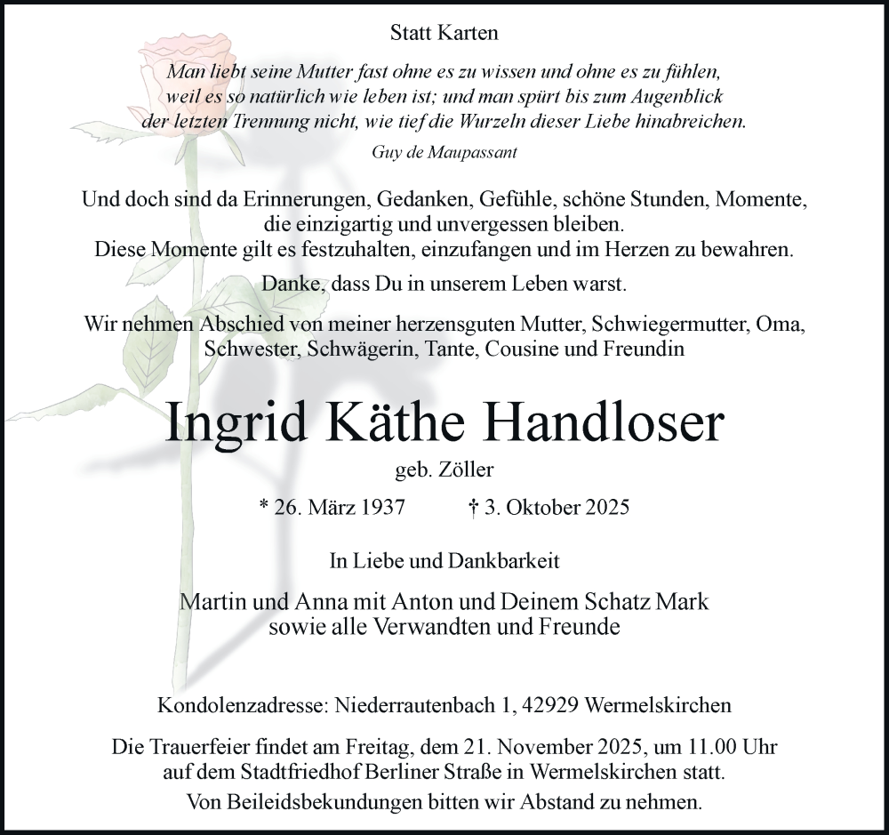  Traueranzeige für Ingrid Käthe Handloser vom 15.11.2025 aus Rheinische Post