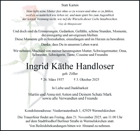 Traueranzeige von Ingrid Käthe Handloser von Rheinische Post