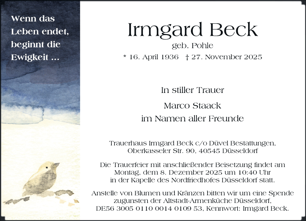  Traueranzeige für Irmgard Beck vom 29.11.2025 aus Rheinische Post