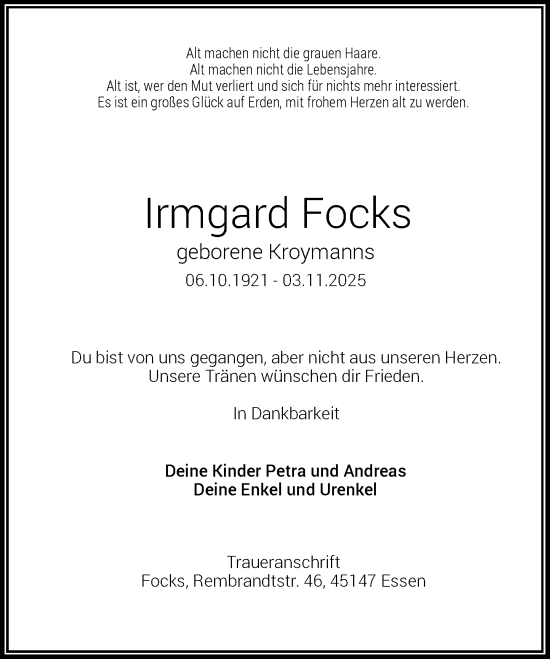 Traueranzeige von Irmgard Focks von Rheinische Post