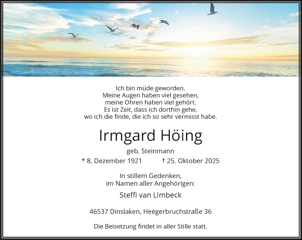  Traueranzeige für Irmgard Höing vom 15.11.2025 aus Rheinische Post