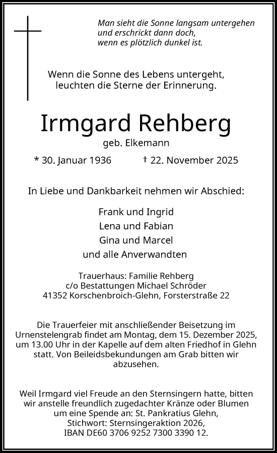 Traueranzeige von Irmgard Rehberg von Rheinische Post