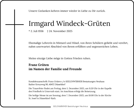 Traueranzeige von Irmgard Windeck-Grüten von Rheinische Post