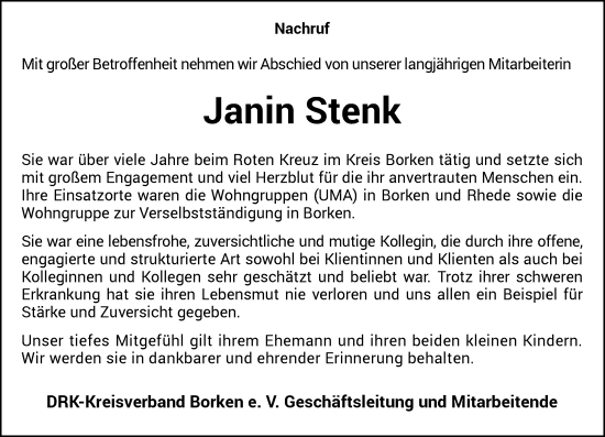 Traueranzeige von Janin Stenk von Rheinische Post