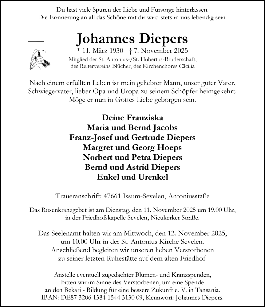  Traueranzeige für Johannes Diepers vom 11.11.2025 aus Rheinische Post