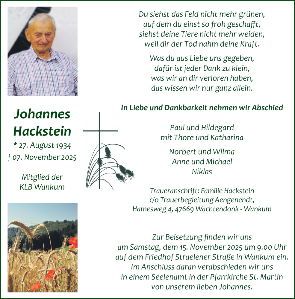  Traueranzeige für Johannes Hackstein vom 12.11.2025 aus Rheinische Post