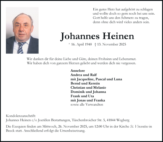 Traueranzeige von Johannes Heinen von Rheinische Post