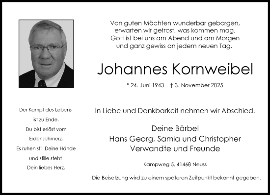 Traueranzeige von Johannes Kornweibel von Rheinische Post