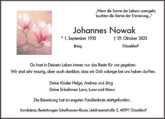 Traueranzeige von Johannes Nowak von Rheinische Post