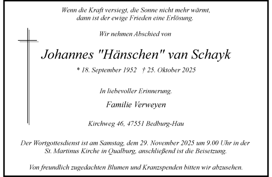 Traueranzeige von Johannes van Schayk von Rheinische Post