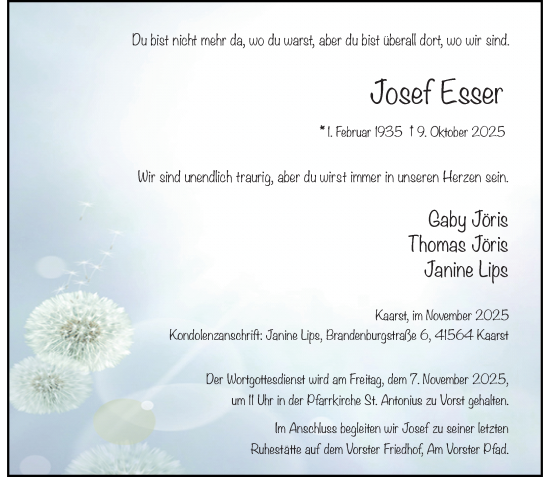 Traueranzeige von Josef Esser von Rheinische Post