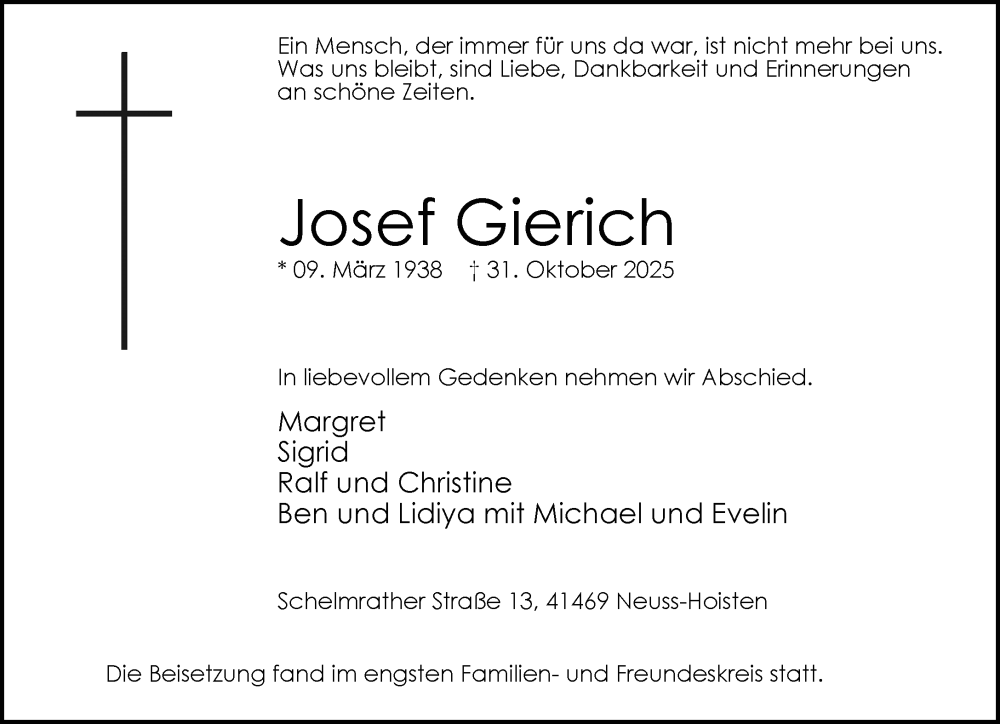  Traueranzeige für Josef Gierich vom 22.11.2025 aus Rheinische Post