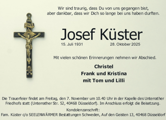 Traueranzeige von Josef Küster von Rheinische Post