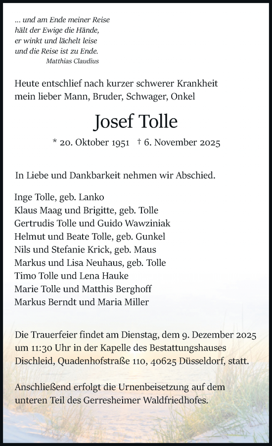 Traueranzeige von Josef Tolle von Rheinische Post