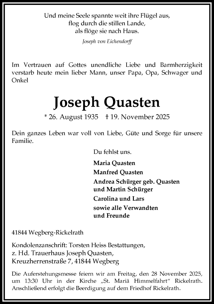  Traueranzeige für Joseph Quasten vom 22.11.2025 aus Rheinische Post