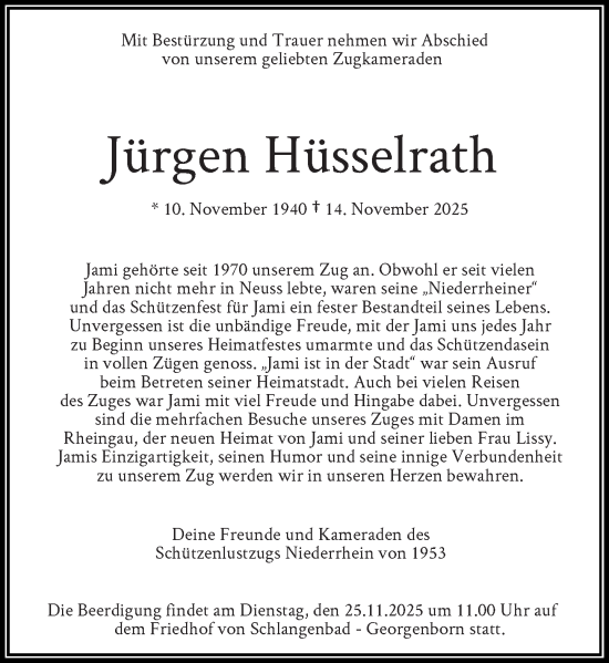 Traueranzeige von Jürgen Hüsselrath von Rheinische Post