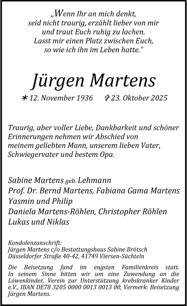  Traueranzeige für Jürgen Martens vom 15.11.2025 aus Rheinische Post