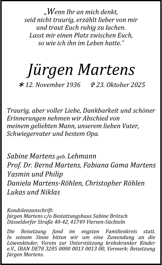 Traueranzeige von Jürgen Martens von Rheinische Post