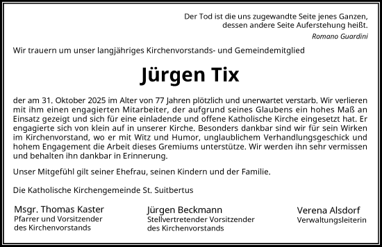 Traueranzeige von Jürgen Tix von Rheinische Post